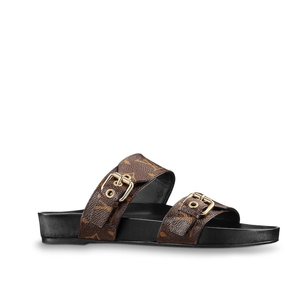 Louis Vuitton Brown Monogram Leather Double Strap Sandals with Gold Buckles